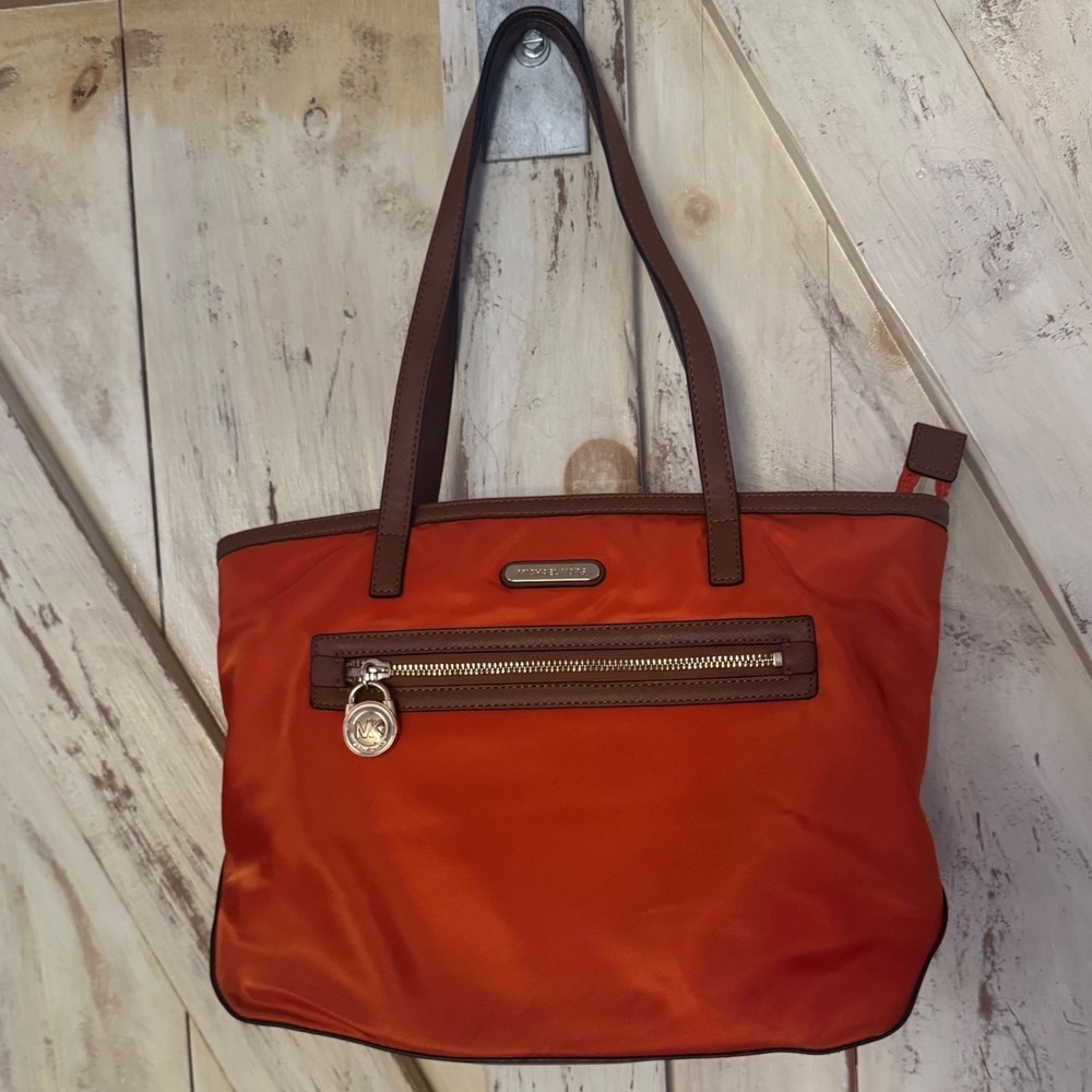 Michael Kors Orange Tote with Brown Trim and Zip Pocket
